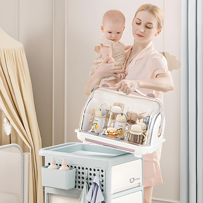 Baby Bottle Drying Rack Storage, Nursing Bottle Storage Box Organizer with Cover, Portable Kitchen Cabinet Organizer, Durable countertop Dryer (Orange)