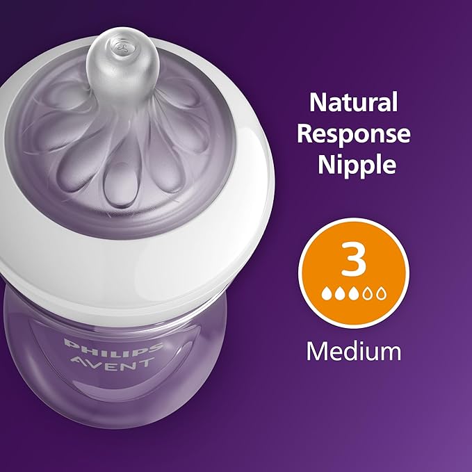 Philips Avent Natural Baby Bottles with Natural Response Nipples (Medium Flow, Flow 3), 9oz, Pink, 4-Pack, SCY903/14