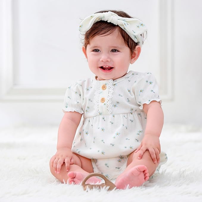 Newborn Baby Girl Clothes Cotton Bubble Romper Floral Short Sleeve Bodysuit 3 Pack