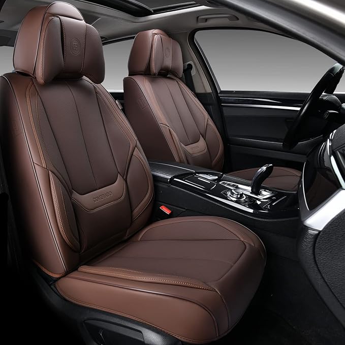 Coverado Universal Seat Covers Front, 2-Pack Universal Seat Covers for Cars, Waterproof Nappa Leather Car Seat Covers with Head Pillow, Auto Protectors Fit for Most Sedans SUV Pick-up Truck-Brown