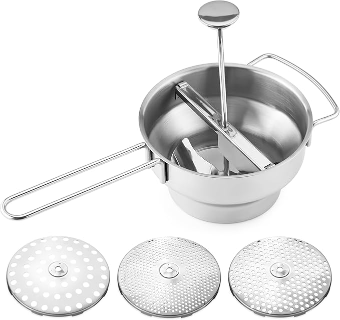 Navaris Stainless Steel Food Mill 2-Quart with 3 Grinding Discs - Rotary Food Mill to Grind & Puree Fruits, Vegetables, Tomato Sauce, Potatoes, Jams and Baby Food Dishwasher Safe