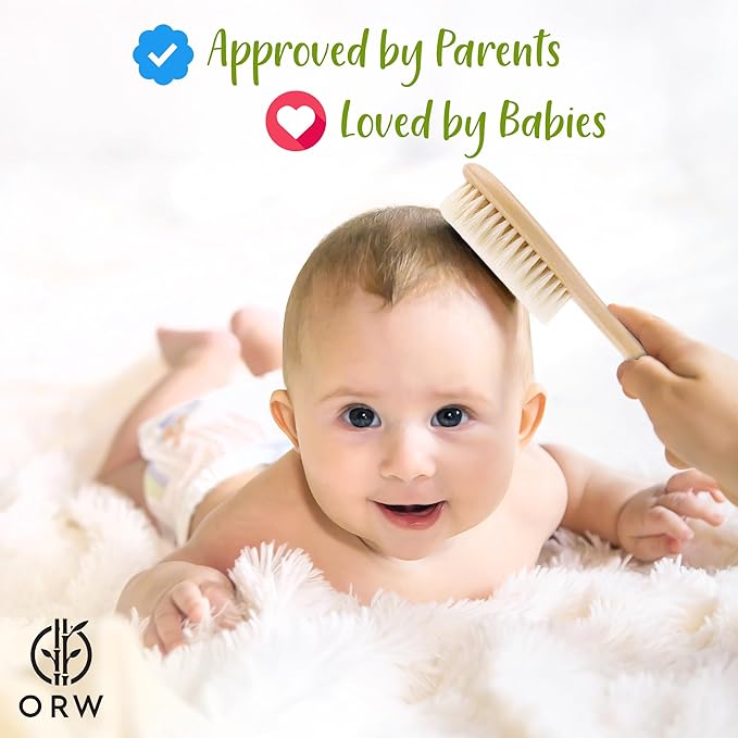 ORW OREN’S Baby Hair Brush - Perfect for Newborn, Toddlers, Infants, Girls & Boys - Beechwood Handle & Goat Hair White Bristle Brush for Gentle Scalp Grooming, Cradle Cap Relief