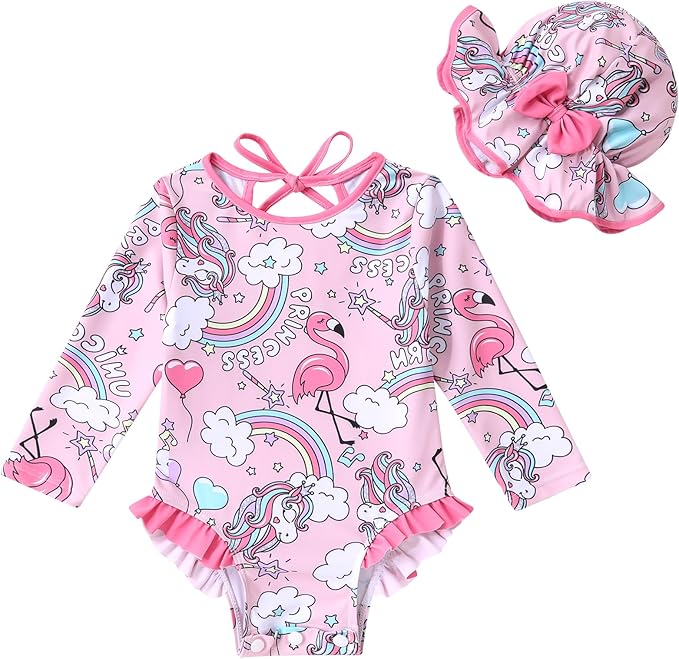 YOUNGER TREE Infant Baby Girls Swimsuit Long Sleeve Swimsuits One Piece Swimsuit Solid Color Bathing Suit with Hat, UPF 50+