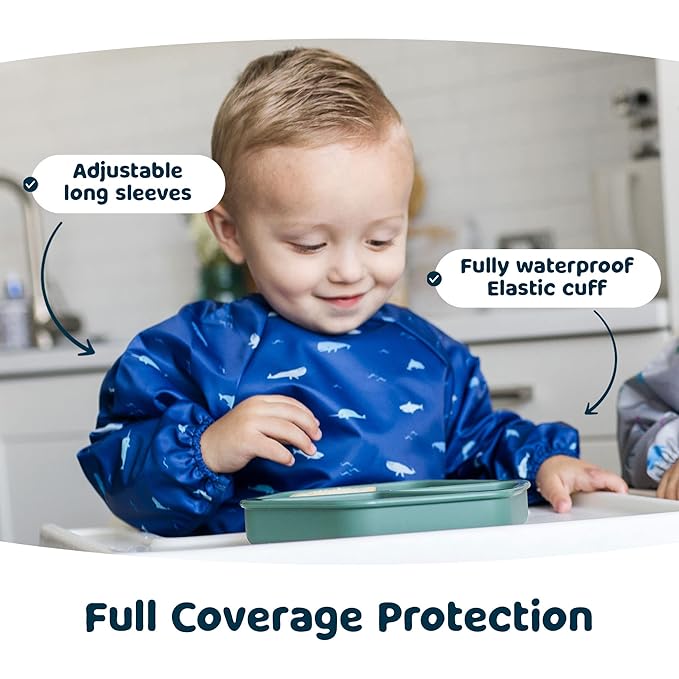 Tiny Twinkle Long Sleeve Bib for Babies & Toddlers – Waterproof Smock Bib for Eating – Machine Washable & Mess-Proof, Baby Feeding Essential & Shower Must-Have(Ocean Life, 6–24M)