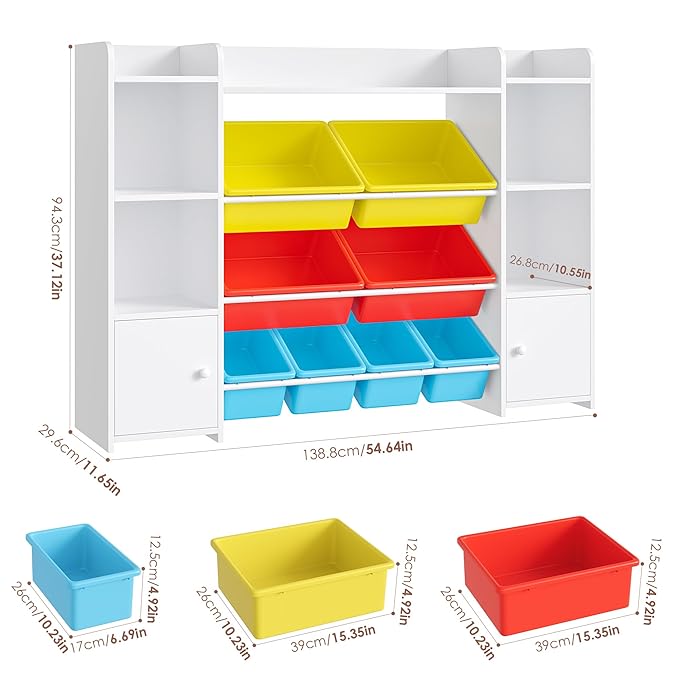 FOTOSOK 55''Large Toy Storage Organizer with 8 Toy Bins, Toy Organizers and Storage with Shelf and 6 Storage Cubbies, Bookshelf, Playroom Organization and Storage Bins, White/Red