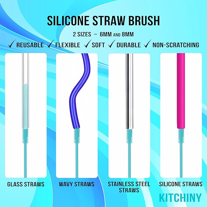 12.5” Silicone Bottle Brush & Straw Cleaner Brush Set | Water Bottle Cleaner for Hydro Flasks, Tumblers, Glassware, Vases and Narrow Neck Containers