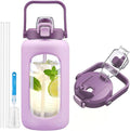 72oz Glass Water Bottle with 2-IN-1 Straw &Chug Lid, Large Motivational Glass Bottle with Capacity Marker and Silicone Sleeve, 2.1Liter Gallon Water Jug for Home, Sports, Gym, BPA Free-Light Purple