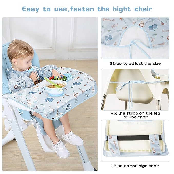 Vicloon Coverall Baby Feeding Bib, Weaning Bib Attaches to Highchair and Table, Long Sleeves Bib with Waterproof, Comfortable,Machine Washable, Baby Bib For 6 Month to 3 Years Old (Blue)