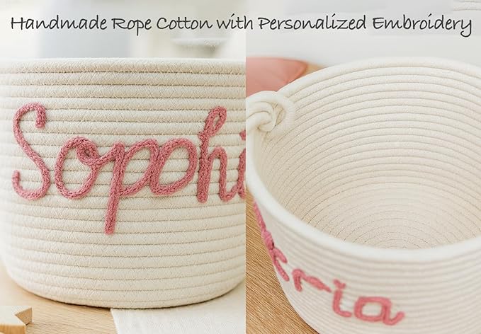 MBBEST Personalized Baby Shower Basket – Custom Rope Cotton Babys Basket with Name – Newborn Keepsake, Nursery Storage, Small Diaper Caddy Organizer, Cute Girl & Boy Baby Gifts