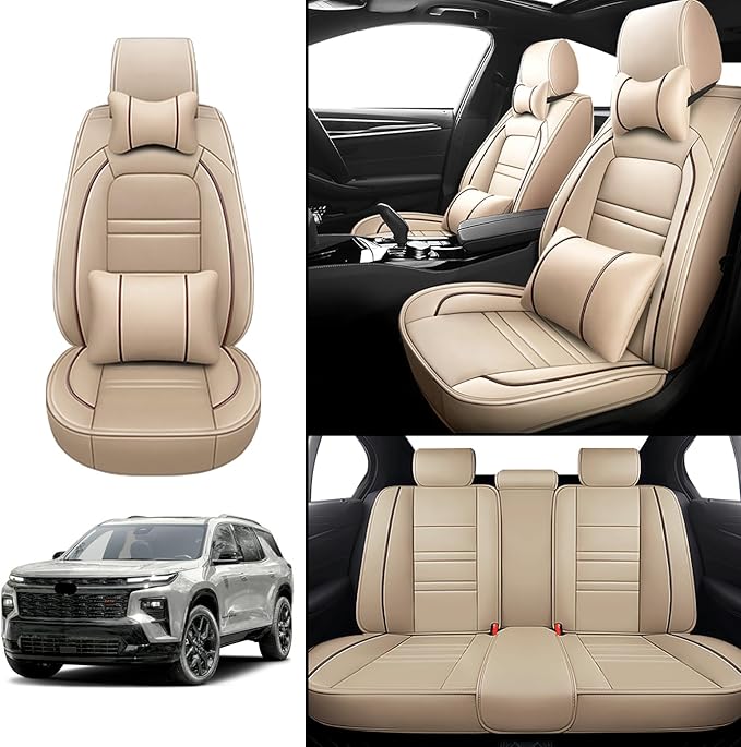 Car Seat Covers for Chevy Traverse 2009-2025 | 5-Seats Seat Covers, Waterproof Seat Protectors, Automotive Seat Covers (Full Set with Pillow,Beige)