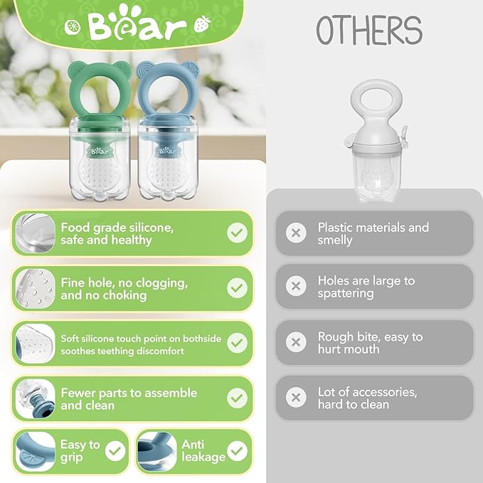 Bear Baby Fruit Food Feeder & Mini Freezer Nibble Tray Combo, 2 Pack Breastmilk Popsicle Molds for Baby Teething Relief, BPA Free Silicone Feeder for Safe Infant Self Feeding, Dishwasher Safe, Green