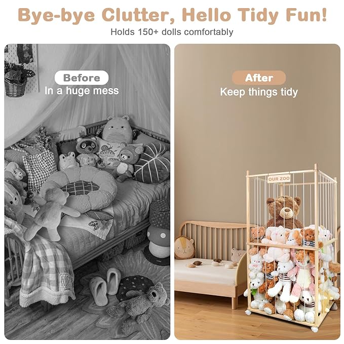Stuffed Animal Storage, Wood Stuffed Animal Zoo Storage with Brake Wheels, Extra Large Capacity Plush Toy Cage, Space Save Toy Organizer with Kids, Perfect for Nursery Playroom Kidroom Bedroom