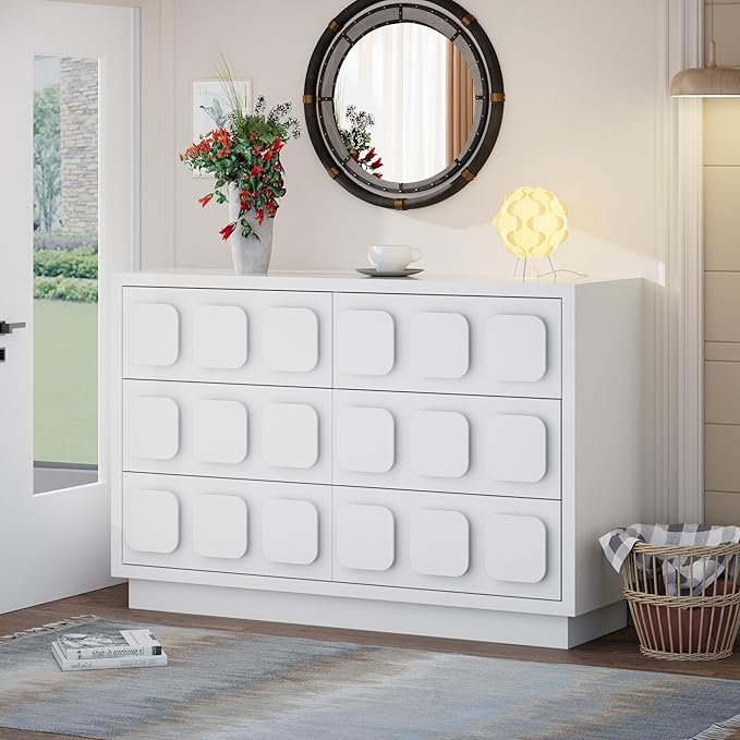 Anbuy White Baby Dresser for Bedroom, Dresser for Baby with 6 Drawers, Storage and Organization Unit with Square Handles for Nursery, Kids Bedroom