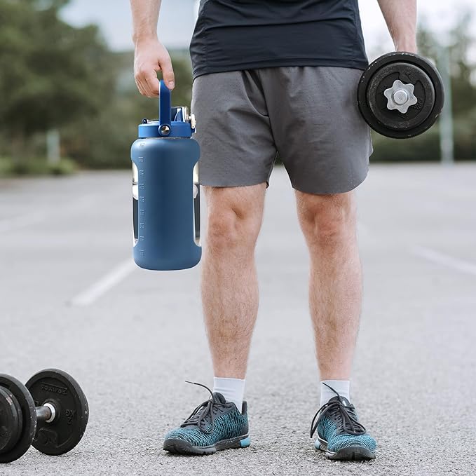 72oz Glass Water Bottle with 2-IN-1 Straw &Chug Lid, Large Motivational Glass Bottle with Capacity Marker and Silicone Sleeve, 2.1Liter Gallon Water Jug for Home, Sports, Gym, BPA Free-Blue