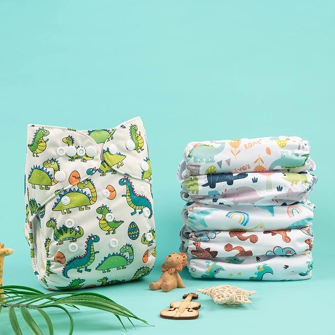 Babygoal Reusable Neutral Cloth Diapers 6 Pack with 10pcs Inserts, One Size Adjustable Washable Pocket Nappy Covers for Baby Boys and Girls 6FB02