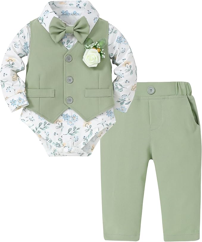 SANMIO Baby Boy Clothes Suits Infant Gentleman Outfit Collared Dress Shirt+Vest+Tie+Corsage+Pants 5Pcs Baby Suit Sets