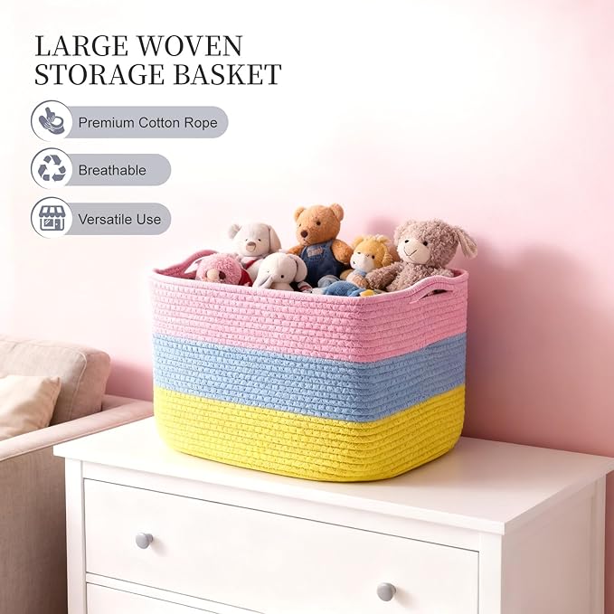 Hopegiver 3 Pack Storage Baskets for Organizing with Handle, Woven Baskets for Shelves - Durable Gift Basket for Cloth Toys Books Baby, Cotton Rope Basket for Dog Cat, 15x11x10 Inch(Pink&Blue&Yellow)