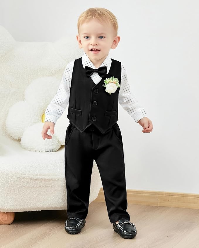 SANMIO Baby Boy Clothes Suits Infant Gentleman Outfit Collared Dress Shirt+Vest+Tie+Corsage+Pants 5Pcs Baby Suit Sets