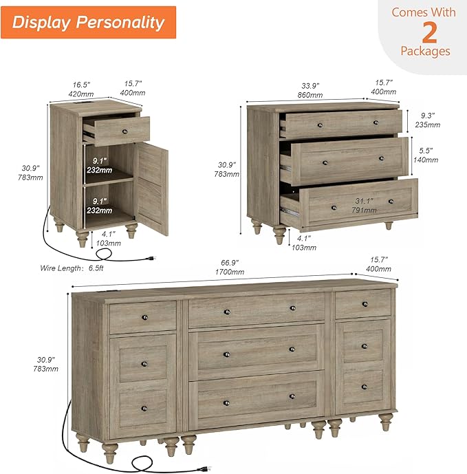 WAMPAT Grey Dresser for Kids Bedroom with 5 Drawers and 2 Storage Cabinet, Nightstands with Charging Station for Living Room, Mid Century Modern Baby Dressers with Wide Chest of Drawers for Nursery