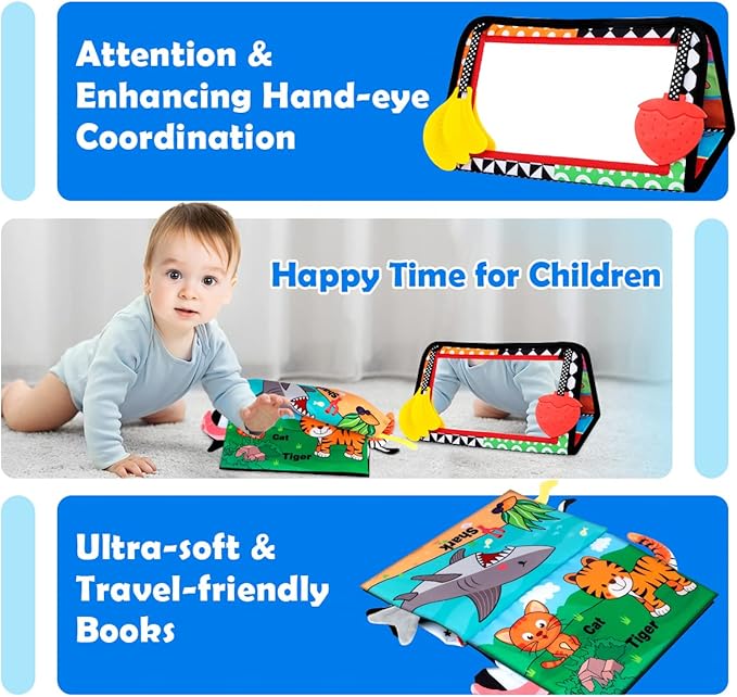 Baby Toys 0-6 Months - Tummy Time Toy Baby Mirror Infant Toys with Cloth Book - Black and White High Contrast Baby Toy for Newborn - Montessori Sensory Toy 0 2 3 4 5 6-12 Months Boy Girl Shower Gifts