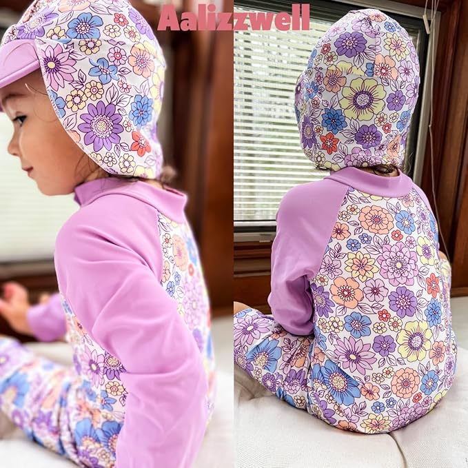 Aalizzwell Baby Girls Long Sleeve One Piece Bathing Suit with Hat