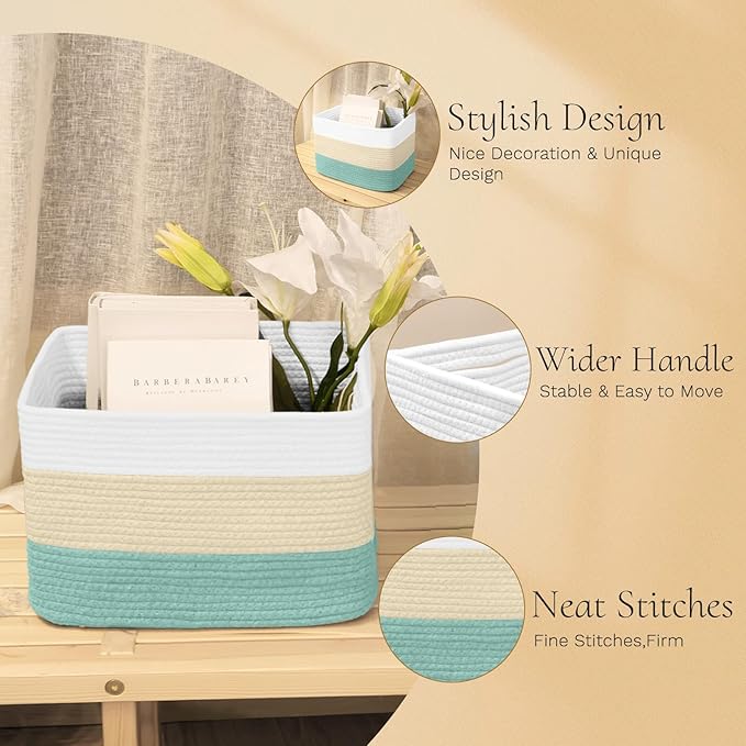 Hopegiver Storage Baskets for Organizing with Handle, Woven Baskets for Shelves - Durable Gift Basket for Cloth Toys Books Baby, Cotton Rope Basket for Dog Cat, 15x11x10 Inch(White&Cream&Green)