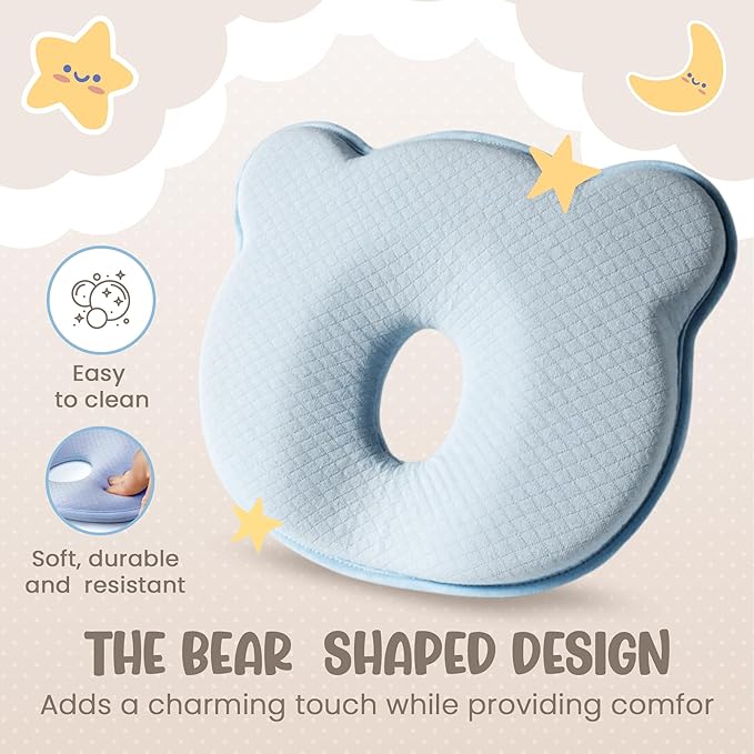 Soft and Breathable Baby Pillow with Memory Foam and Bear Design (Blue)