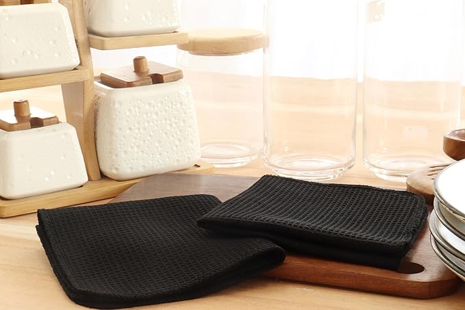 PurpleEssences Dish Cloths and Dish Rags - 6 Pack Waffle Weave Solid Kitchen Dish Wash Cloths, 100% Cotton, 12 x 12 Inches, Ultra Soft Absorbent Quick Drying - Fall Thanksgiving Halloween - Black