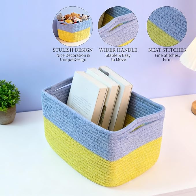 Hopegiver 3 Pack Storage Baskets for Organizing with Handle, Woven Baskets for Shelves - Durable Gift Basket for Cloth Toys Books Baby, Cotton Rope Basket for Dog Cat, 11x8x7 Inch(Blue&Yellow)