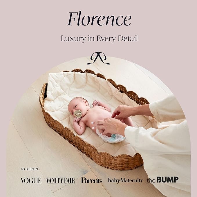 BEBE BASK Premium Baby Changing Basket - Artisan-Crafted Scalloped Rattan - Changing Basket for Baby Dresser - All Accessories Included - Complete Set for Nursery (Mocca)