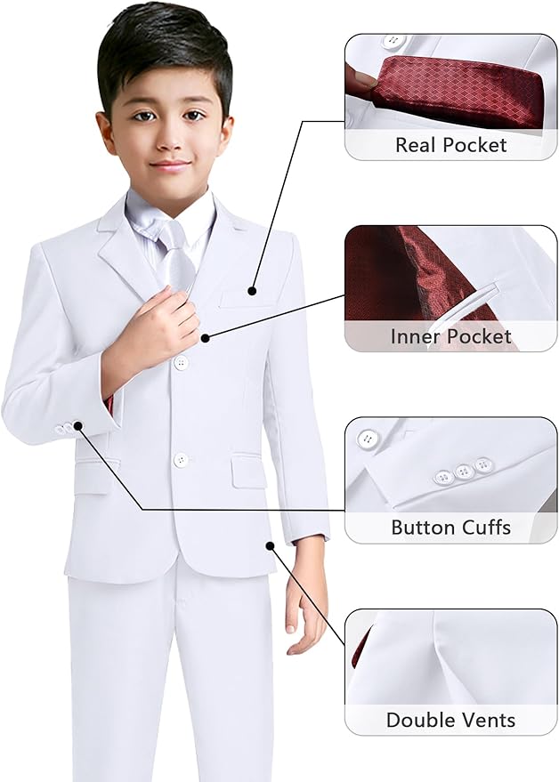 YuanLu Boys Suit for Kids Tuxedo Wedding Ring Bearer Outfit, 5 Piece Boy Slim Fit Formal Suits with Adjustable Waist