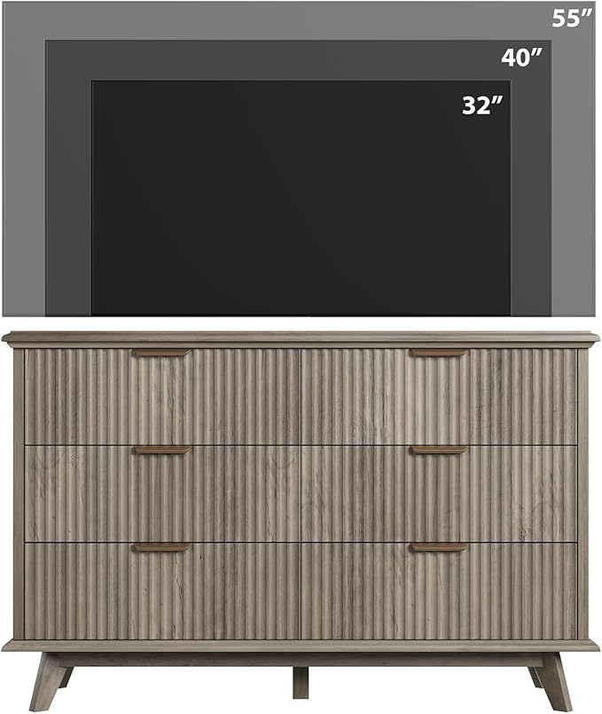 QUW Fluted Dresser for Bedroom with 6 Drawers, 47.2" Wide Modern Chest of Drawers with Metal Handle, Wooden Dresser TV Stand and Closet Clothes Storage Organizer for Living Room, Hallway, Grey