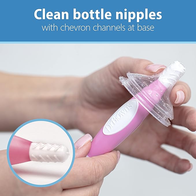 Dr. Brown's Reusable Sponge Baby Bottle Cleaning Brush with Suction Cup Stand, Scrubber and Nipple Cleaner, Pink 1-Pack