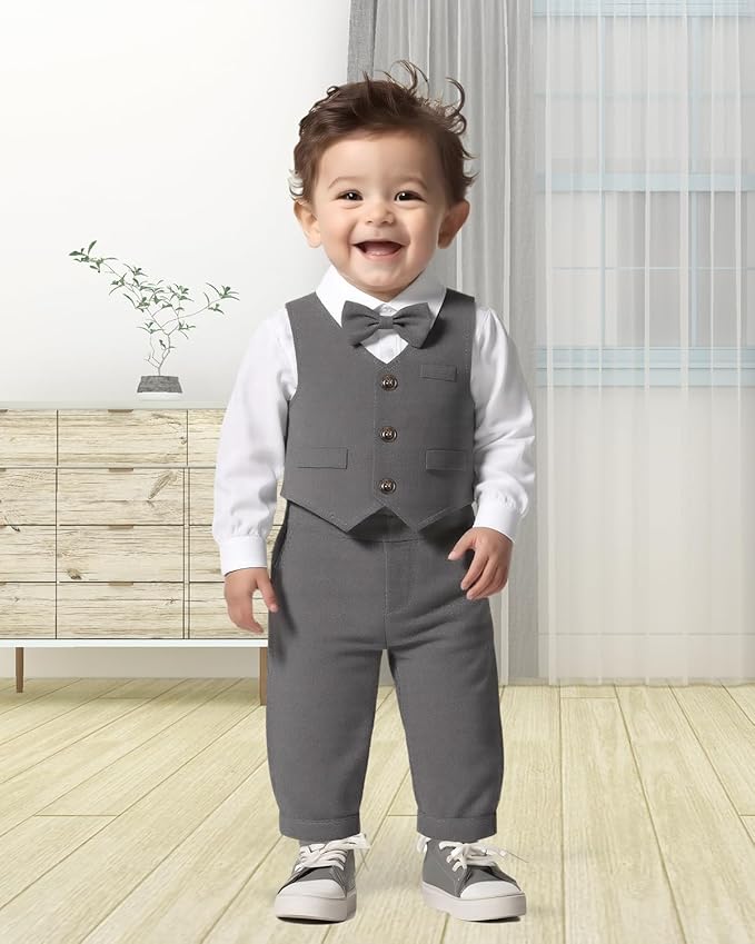 Baby Boy Clothes Suits Infant Gentleman Wedding Outfit Formal Dress Shirt Vest Bowtie Pants 4Pcs Baby Suit Sets