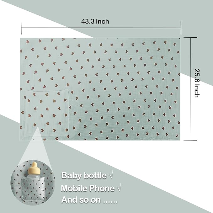 Muslin Nursing Covers for Breastfeeding, Arch Neckline Breast Feeding Covers for Women, Moms Privacy Breathable Summer Nursing Apron, 43.3" x 25.6" Soft Feeding Cover (Mint Green Heart)