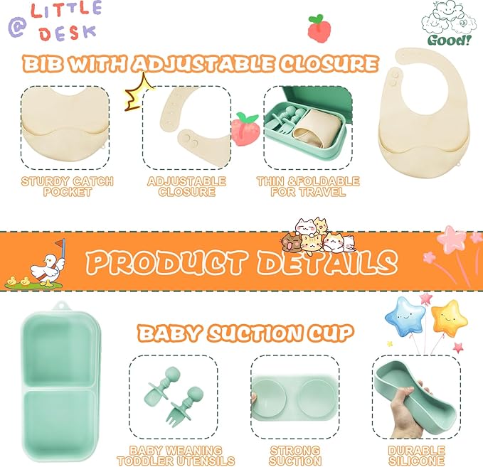Travel Silicone Baby Feeding Set, 6 In 1 Portable Plates Spill Proof with Suction, Silicone Baby Spoon & Fork, Lightweight Foldable Baby Bib for Toddler with Waterproof Storage Bag - Green