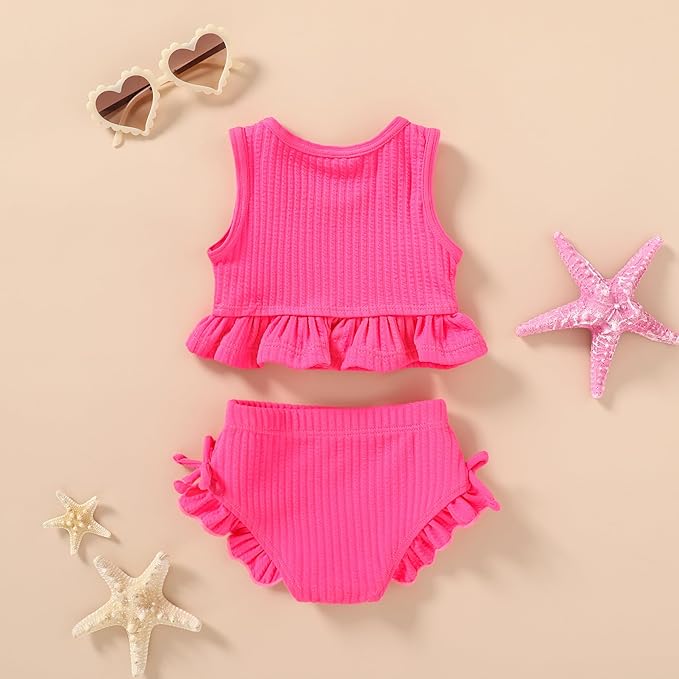 HAPPYMA Baby Swimsuit Toddler Girl Bathing Suit Summer Solid Color Bikini Set Beach Two Piece Swim Wear