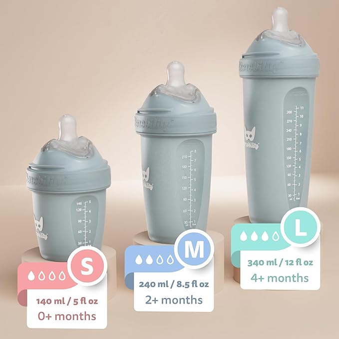Herobility Double Anti-Colic Baby Bottles – 8.5 fl oz/240ml – 4-Pack – Multicolor – Denim, Black, Dusky Green, Gray