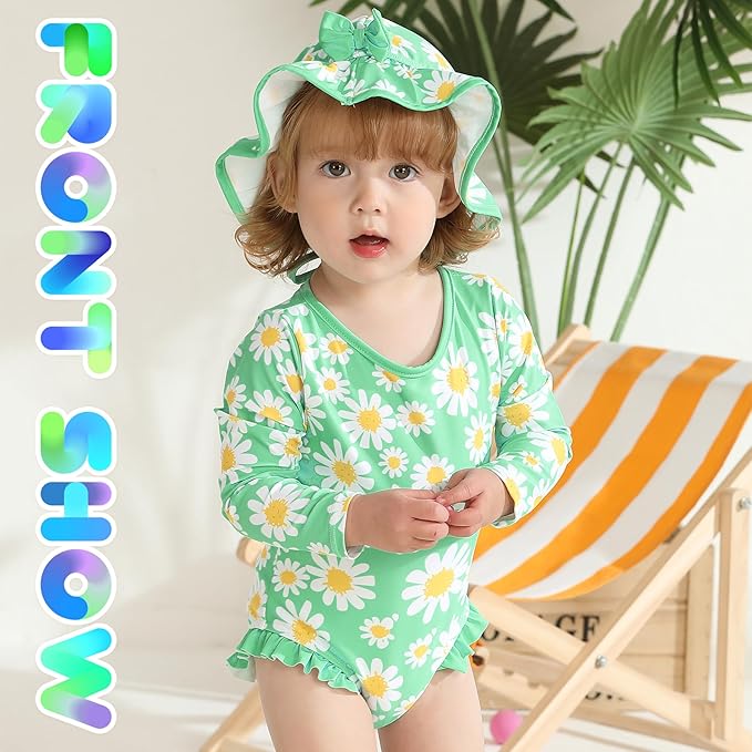 YOUNGER TREE Infant Baby Girls Swimsuit Long Sleeve Swimsuits One Piece Swimsuit Solid Color Bathing Suit with Hat, UPF 50+
