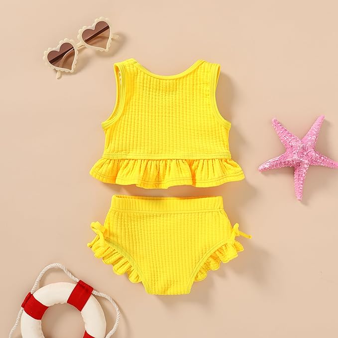 HAPPYMA Baby Swimsuit Toddler Girl Bathing Suit Summer Solid Color Bikini Set Beach Two Piece Swim Wear