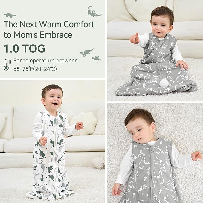 Baby Sleep Sack 6-12 Months 1.0 Tog Baby Wearable Blanket 100% Cotton Sleeping Sack with 2-Way Zipper for Infant Newborn Gray White Dinosaur