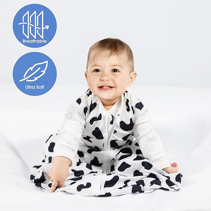 Baby Sleep Sack 6-12 Months Baby Wearable Blanket 100% Rayon Cotton 2-Way Zipper Toddler Sleeping Sack，Comfy Soft Lightweight TOG 0.3（Cow Print）