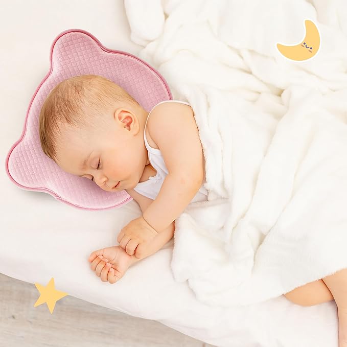 Soft and Breathable Baby Pillow with Memory Foam and Bear Design (Pink)