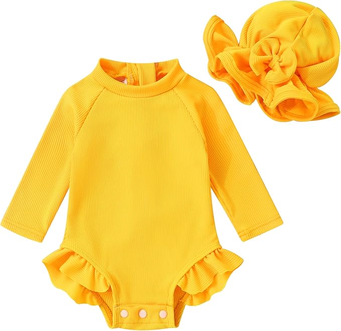 YOUNGER TREE Infant Baby Girls Swimsuit Long Sleeve Swimsuits One Piece Swimsuit Solid Color Bathing Suit with Hat, UPF 50+