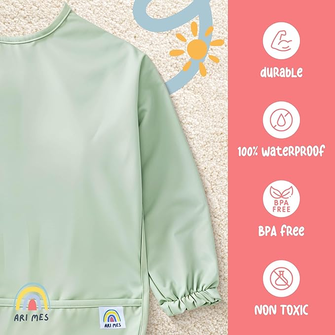 ARI MES Long Sleeves Waterproof Baby Bibs for Eating - Blue, Large- Wearable, Coverall for Toddler, Long Sleeve Bib, Smock Apron for Feeding - Applicable for 6-72 Months