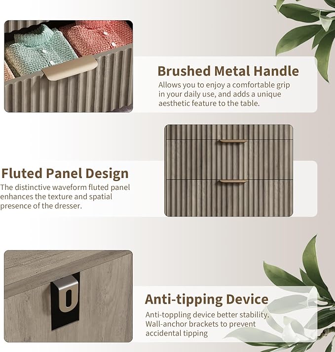 QUW Fluted 6 Drawer Dresser for Bedroom, Modern Tall Chest of Drawers with Metal Handle, Large Wood Storage Chest Organizer Accent Storage Cabinet for Living Room, Hallway, Entryway, Gray