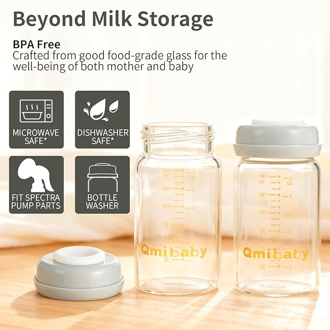 Glass Breastmilk Storage Bottles 180ml 6oz BPA-Free Leak-Proof Natural Baby Bottle for Breastmilk Storage Wide Neck Bottles with Screw Ring Sealing Disk Breastfeeding (Grey, 180ml-4Packs)