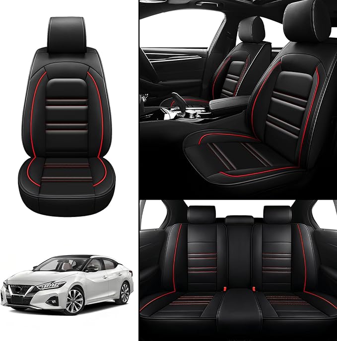 Seat Covers for Nissan Car Maxima 1999-2023 | 5-Seats Leather Seat Covers, Easy to Install Automotive Seat Covers Full Set (Full Set, Black&Red Line)
