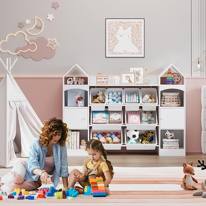 Vabches 55" Castle Shape Children's Toy Storage Organizer,Multifunctional Bookshelf with 8 Plastics Bins, Children's Bookcase with 6 Shelves and 2 cabinets for Playroom,Kid's Room,Living Room.