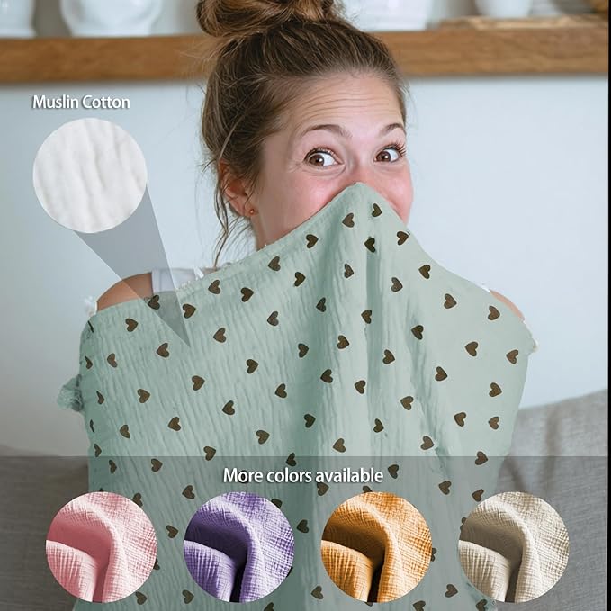 Muslin Nursing Covers for Breastfeeding, Arch Neckline Breast Feeding Covers for Women, Moms Privacy Breathable Summer Nursing Apron, 43.3" x 25.6" Soft Feeding Cover (Mint Green Heart)